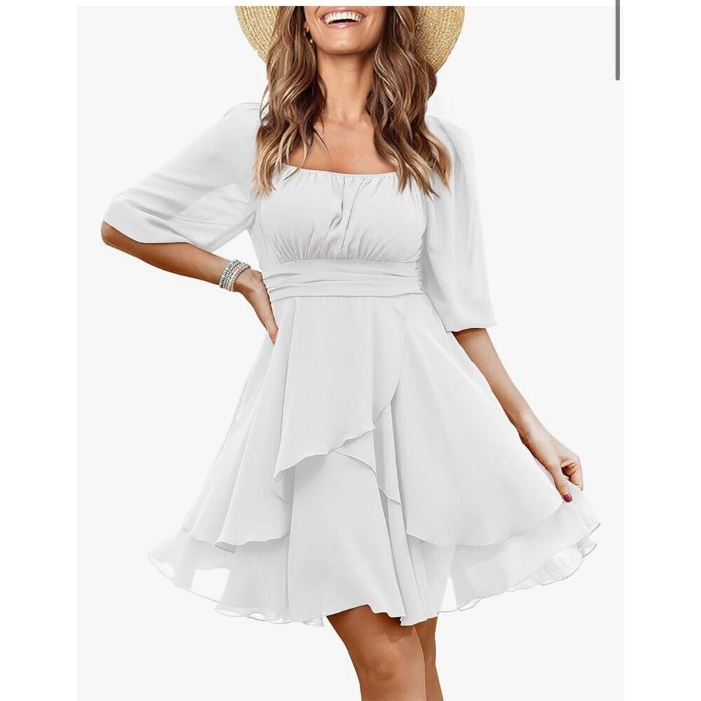 NEW White Square Neck Tie Waist A-Line Flowy Dress M
